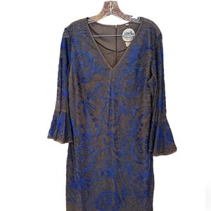 ALMATRICHI Sheer Floral Dress Blue Grey Brown Made In Spain Sz 46 US-14 *EUC